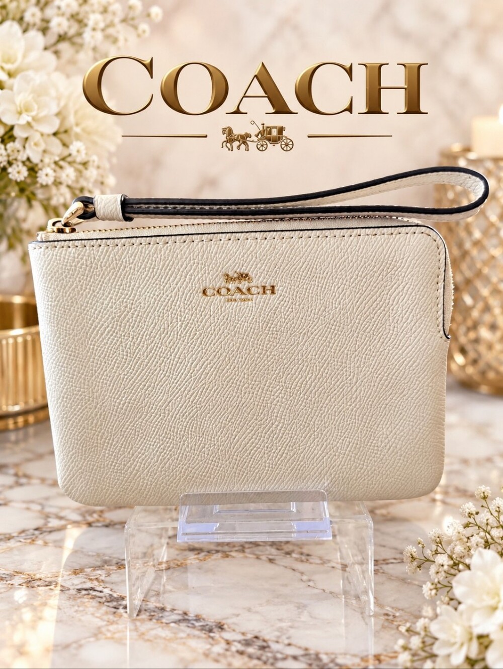 COACH F58032 Ivory Leather Zip Wristlet Clutch Gold Hardware